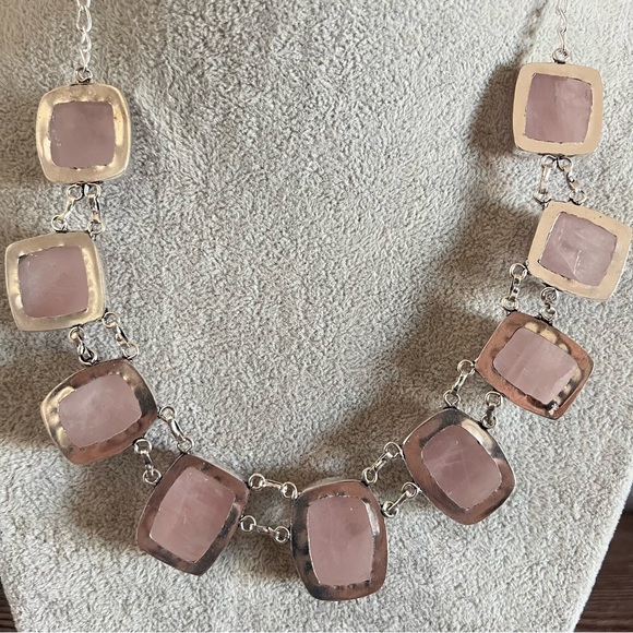 New Natural Rose Quartz Crystal Stone Silver Overlay Cluster Statement Necklace - Picture 10 of 11